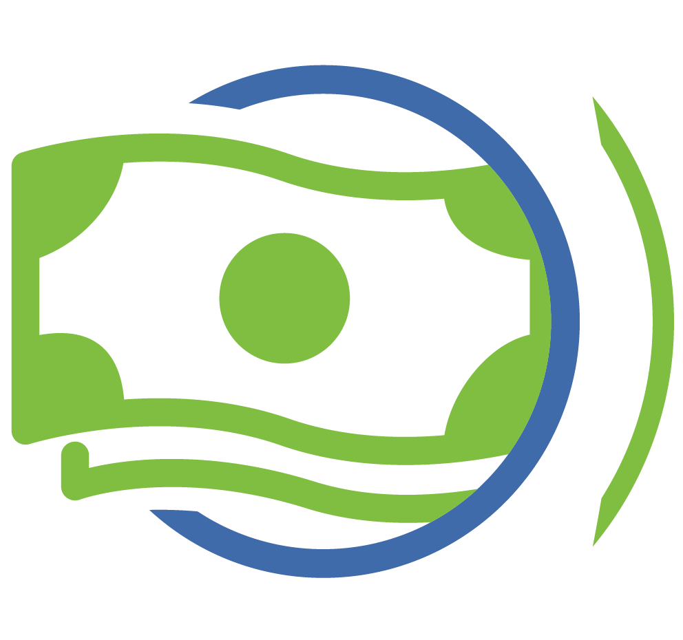 Icon of green dollar bills surrounded by a blue circle.