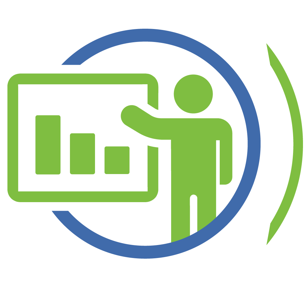 Icon of a business person presenting a data graph surrounded by a blue circle.