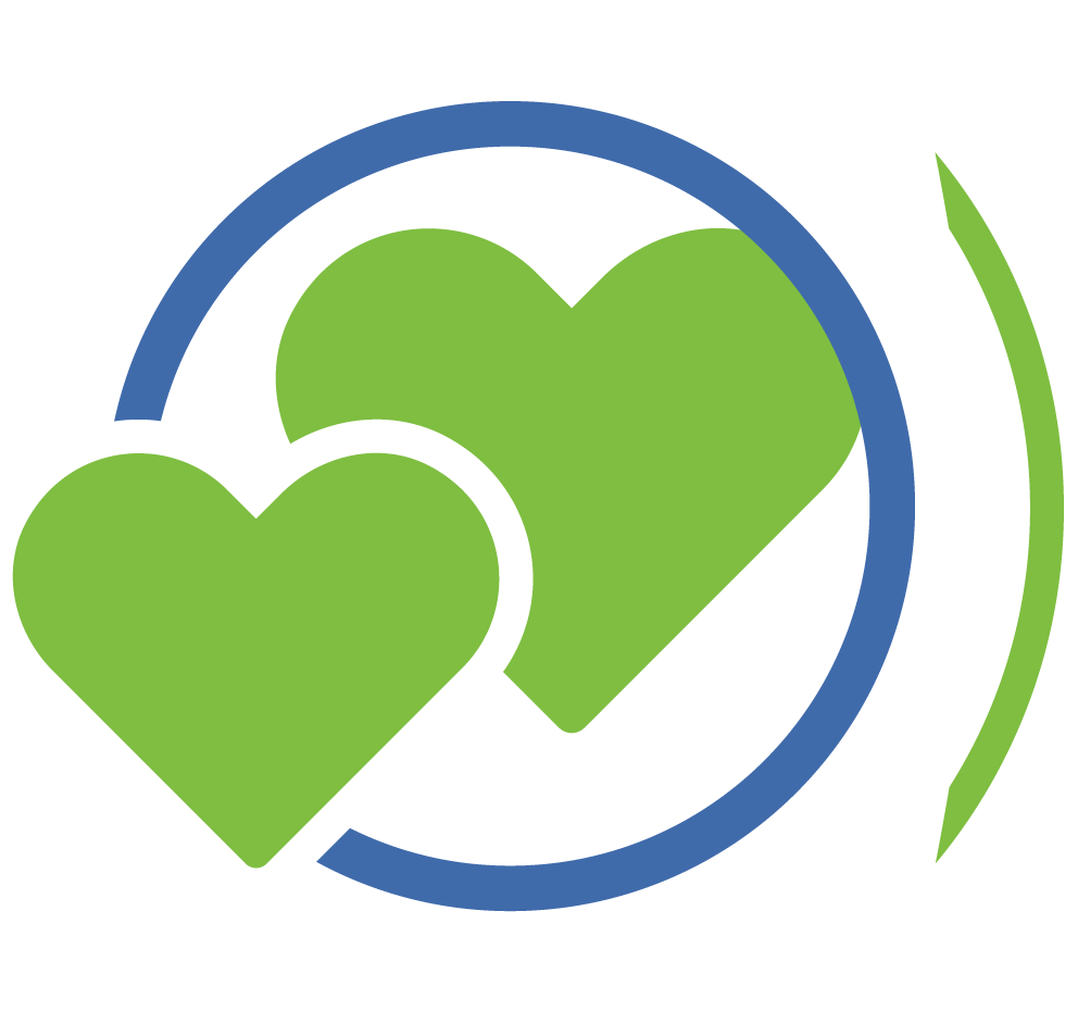 Icon of two green hearts surrounded by a blue circle.