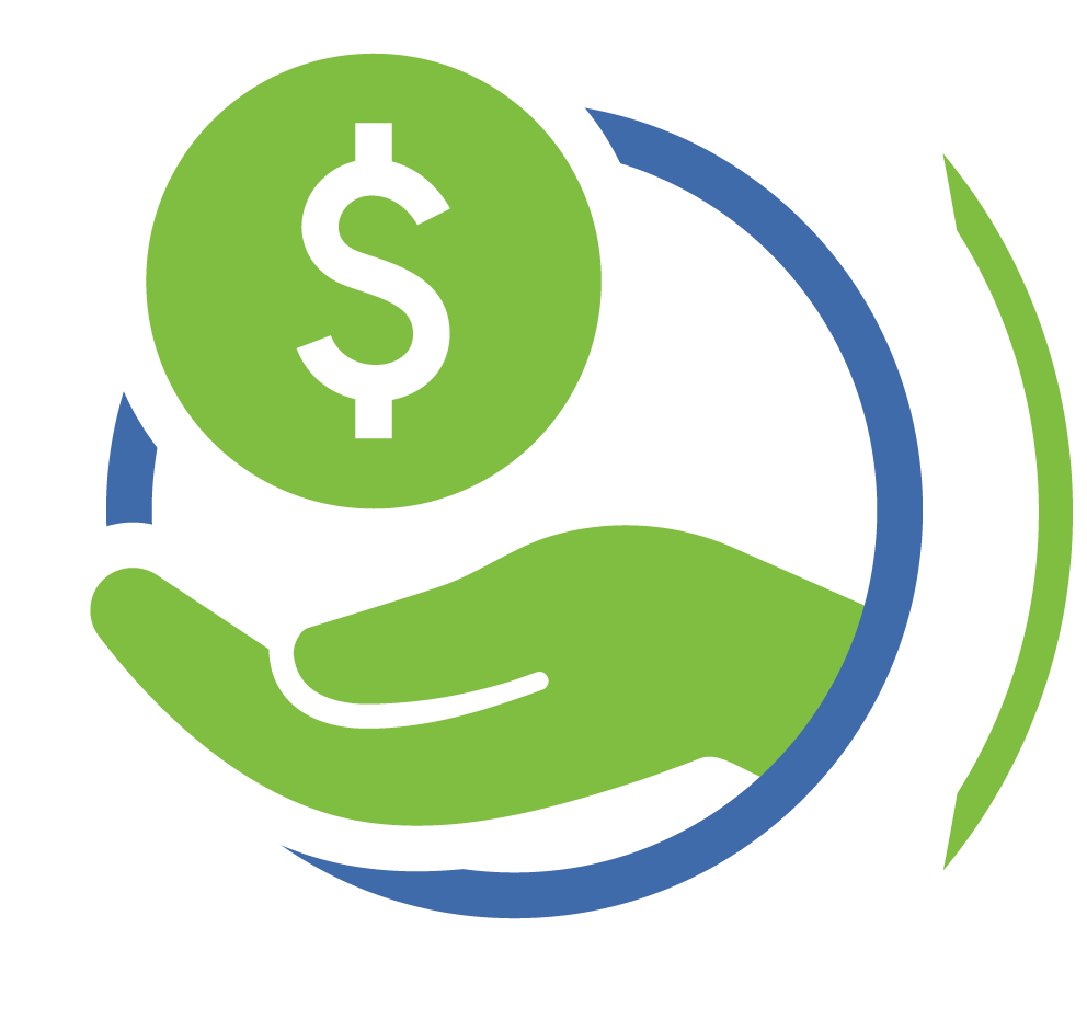Icon of a hand holding a circle with a dollar sign surrounded by a blue circle.